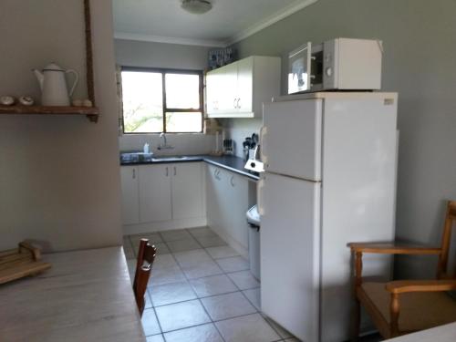 a kitchen with a white refrigerator and a window at African Sun Guest House in Molen Drift