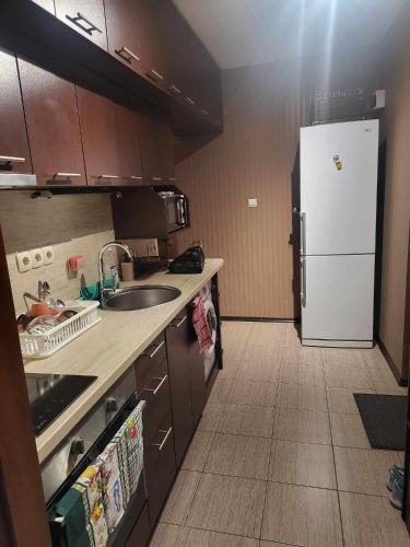 a kitchen with a white refrigerator and a sink at Astoriq in Sofia