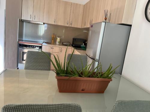 a kitchen with a table with chairs and a refrigerator at Elbasan center apartment in Elbasan