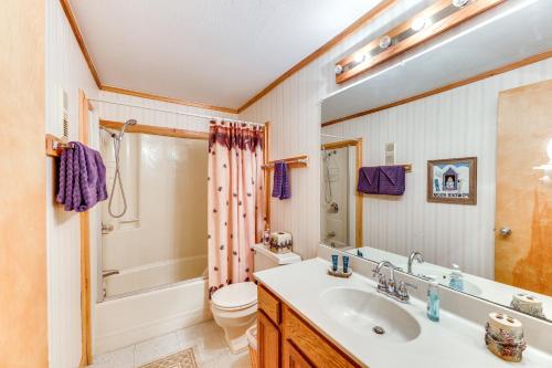 a bathroom with a sink and a toilet and a shower at 2 Mi to Snowshoe Resort Townhome with Deck! in Dunmore