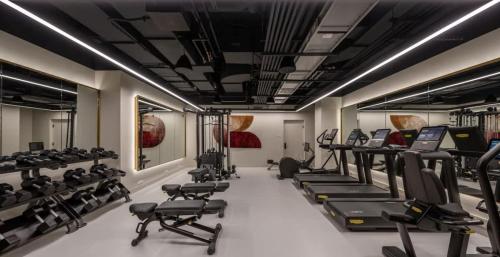 a gym with treadmills and elliptical machines at Back-Bay 2BR Condo w Roof top Gym Parking in Boston