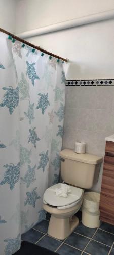 a bathroom with a toilet and a shower curtain at Punta Piedra studios in Isla Mujeres