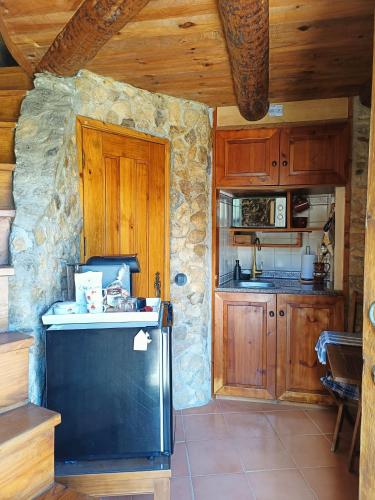 a kitchen with a black refrigerator and wooden cabinets at Moinho da Alfazema in Penacova