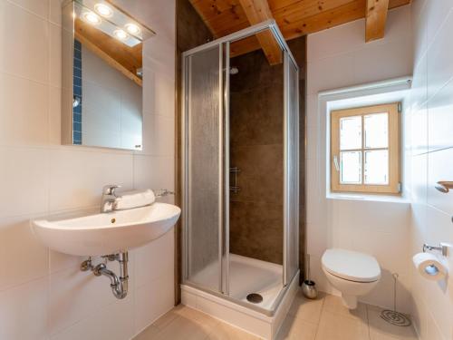 a bathroom with a shower and a sink and a toilet at Maxima - Ski in - Ski Out in Flecken