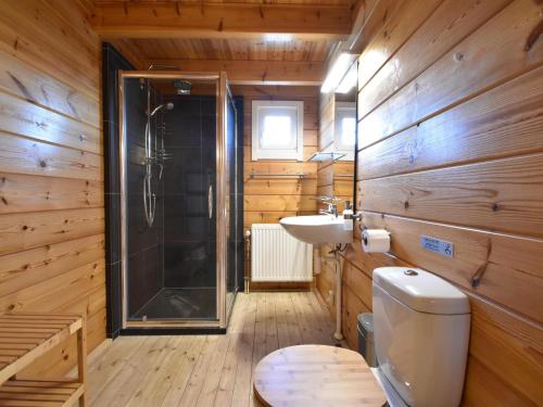 a bathroom with a shower and a toilet and a sink at ZeeWolf in Sint Annaland