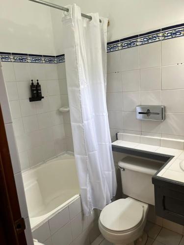 a bathroom with a toilet and a tub and a sink at The Victorian Hotel in San José
