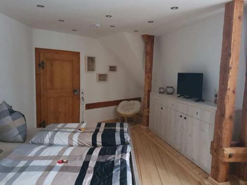 ein Schlafzimmer mit einem Bett und einem Fernseher in der Unterkunft Stiftsblick Comfortable holiday residence in Gernrode