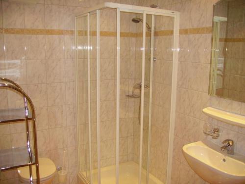 a bathroom with a shower and a sink at Holiday Apartment, Apartment Melanie in Niederthai