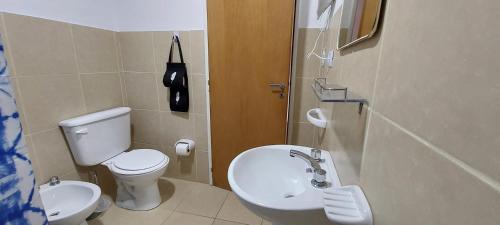 une petite salle de bain avec toilettes et lavabo dans l'établissement Bear Cave Ushuaia, à Ushuaia