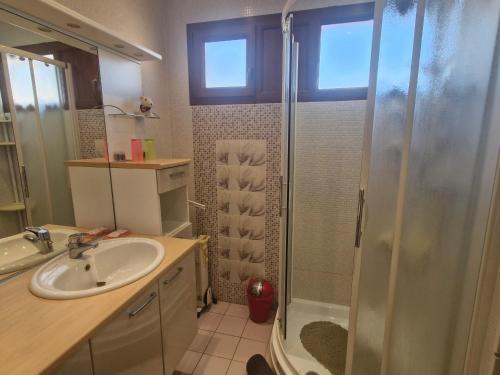 une salle de bain avec douche et lavabo dans l'établissement Beau 2 pièces climatisé avec terrasse et piscine, proche centre Sainte-Maxime - FR-1-780-85, à Sainte-Maxime