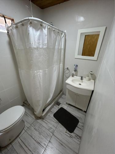 a white bathroom with a toilet and a sink at El Paraiso in Navarro