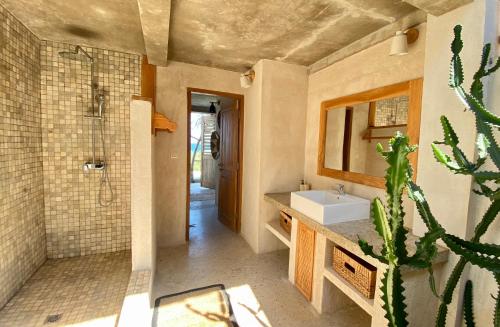 a bathroom with a sink and a shower and a cactus at Rote Island Lodge in Nembrala