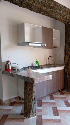 a kitchen with a sink and a counter top at Casa Pórticos del Pedregal in Ráquira