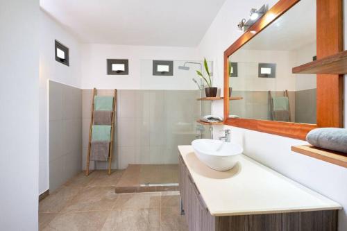 Green Nest Peyrebère في بيريبير: حمام مزود بحوض ومِرآة