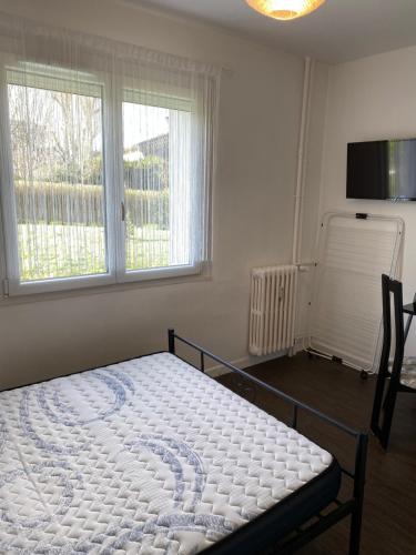 une chambre avec un lit dans une pièce avec une fenêtre dans l'établissement Superbe chambre parentale avec sa propre salle de bains avec douche et wc privés, cuisine et Wifi, à Vandœuvre-lès-Nancy