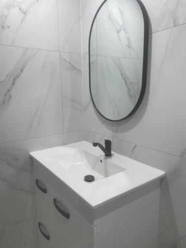 un bagno con un lavandino bianco e uno specchio di Spacious studio unit a Rochedale South