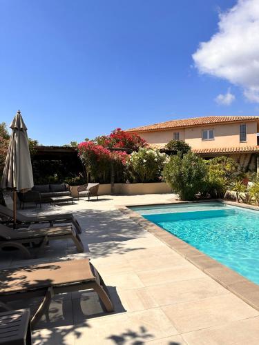 une piscine avec des chaises longues et un parasol dans l'établissement ALTO DI PINARELLO, à Sainte-Lucie de Porto-Vecchio