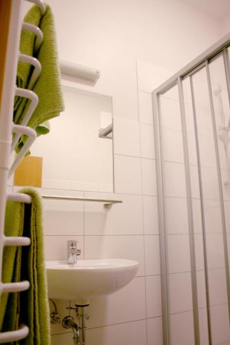 uma casa de banho com um lavatório e um espelho em Lindencafe Luckenwalde em Luckenwalde