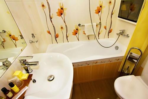 a bathroom with a sink and a tub and a mirror at Danubia Gate Hotel in Bratislava