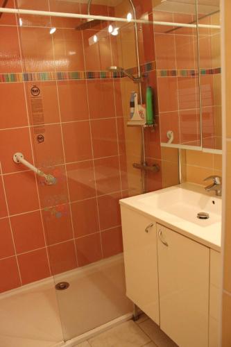 une salle de bain avec douche et lavabo dans l'établissement Face Lagune superbe appartement de plain pied avec parking - 6BAIE12, à Saint Cyprien Plage