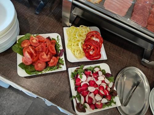 three plates of food with tomatoes and pasta on a table at Grand Hotel Senica, Garni in Senica