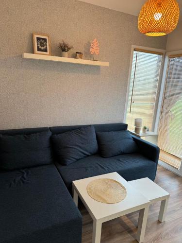 a living room with a blue couch and a table at NAD BRZEGIEM WISŁY in Stężyca