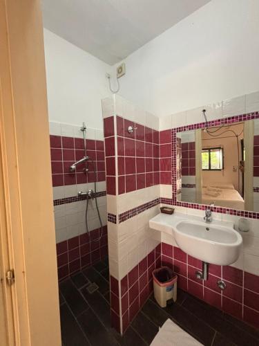 a bathroom with a sink and a mirror at Villa La Rosa in Filicudi