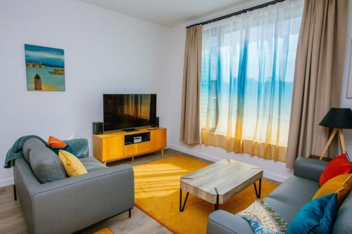 a living room with a couch and a tv at Welcome to Whale Song in Albany