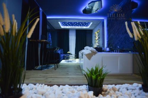 a blue room with a counter and some plants at TULUM luxury suites-SKOPJE in Skopje