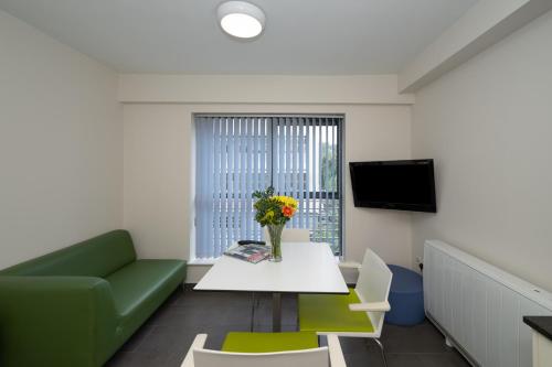a living room with a green couch and a table with flowers at Victoria Lodge - UCC Summer Beds in Cork