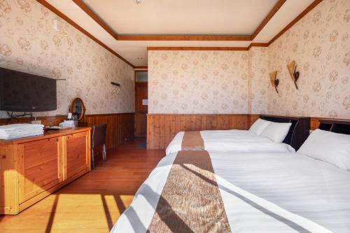 a bedroom with two beds and a flat screen tv at Cingjing Star Lohas Manor B&B in Renai