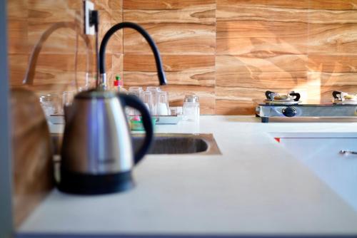 a kettle sitting on a kitchen counter next to a sink at Lakeland Homestay Diphu in Diphu