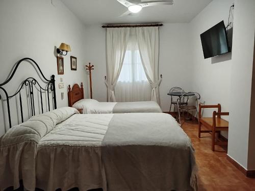a bedroom with two beds and a tv and a window at Alojamiento Árdales in Frailes