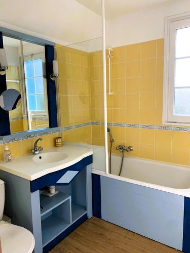 une salle de bain avec un lavabo et une baignoire dans l'établissement Le Flamingo Piscines chauffees, à Saint-Hilaire-de-Talmont