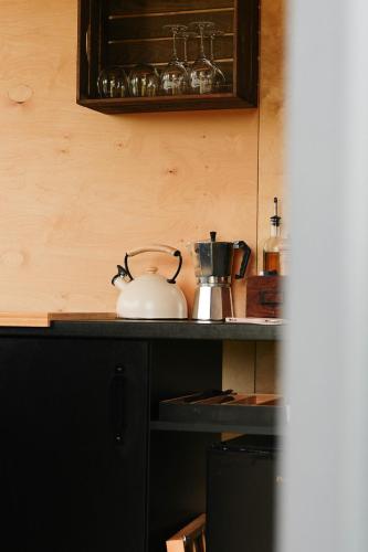 - une cuisine avec un comptoir pourvu d'une bouilloire dans l'établissement Tiny House au milieu des Vignes, à Arbis