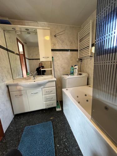 a bathroom with a sink and a tub and a mirror at Welcome, relax and enjoy your stay in Putten