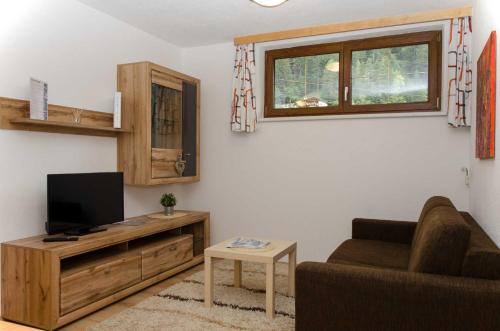 ペットイ・アム・アールベルクにあるHaus Alpin Apartmentsのソファと薄型テレビのあるリビングルーム