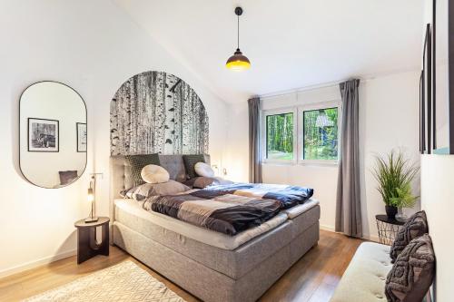 a bedroom with a large bed and a mirror at Ferienhaus 14 in Bad Arolsen