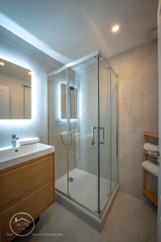 une salle de bain avec douche et lavabo dans l'établissement T1 bis tout confort centre historique, à Chambéry