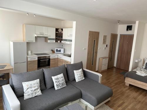 a living room with a couch and a kitchen at Apartmán Torysa in Prešov
