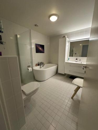 a bathroom with a tub and a toilet and a sink at Exclusive apartment with great views close to city center in Svolvær