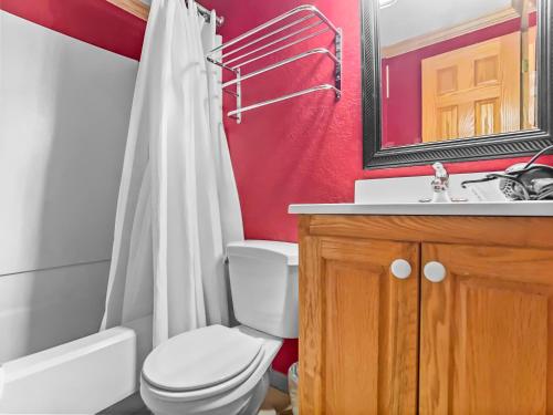 a bathroom with a toilet and a sink and a mirror at ML286 Beautiful Views New Deck WiFi EZ Parking in Snowshoe