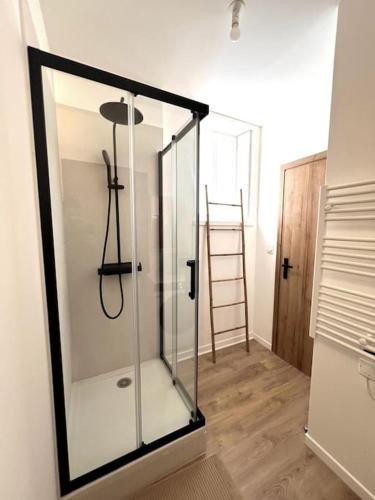 une cabine de douche en verre dans une pièce avec une échelle dans l'établissement Casa Urbä - Place de la Comédie, Montpellier, à Montpellier
