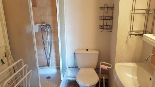 une petite salle de bain avec toilettes et douche dans l'établissement Proche du centre commercial des Capellans joli T2 mezzanine avec parking - 4OLI76, à Saint Cyprien Plage
