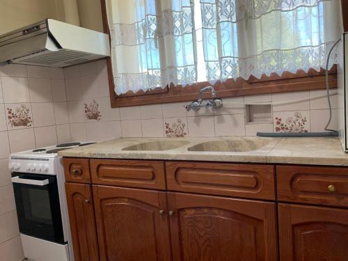 a kitchen with a sink and a stove at Aelias home in Eleoúsa