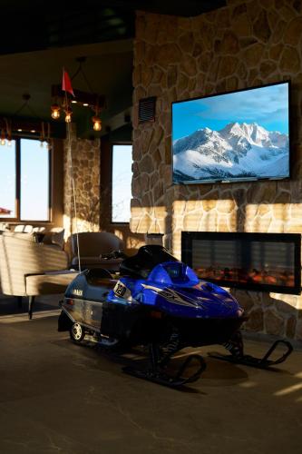 a remote control boat sitting in a living room with a tv at Flora Handüzü Resort & Wellness Bungalow Hotel in Rize
