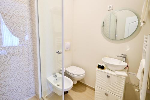 a bathroom with a toilet and a sink and a mirror at G Danube Boutique Hotel in Brăila