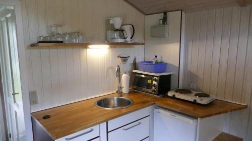 a small kitchen with a sink and a microwave at Nysted Strand Camping & Cottages in Nysted