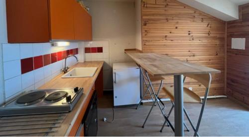 une cuisine avec une cuisinière et un comptoir dans l'établissement Après ski, à Château-Bernard