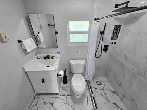 a bathroom with a toilet and a sink and a mirror at Casa moderna, a newly renovated Modern apartment in West Palm Beach